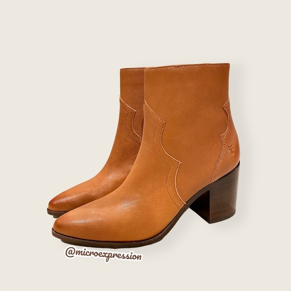 $428 Frye Flynn Short Cognac Brown Real Leather Zipper Block Heel Ankle Booties - Picture 11 of 15